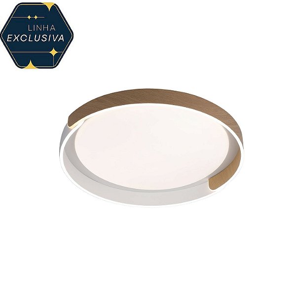 Plafon HPF5428 Branco com Madeira 45cm Led 55w Dimerizável com Controle Remoto Bivolt