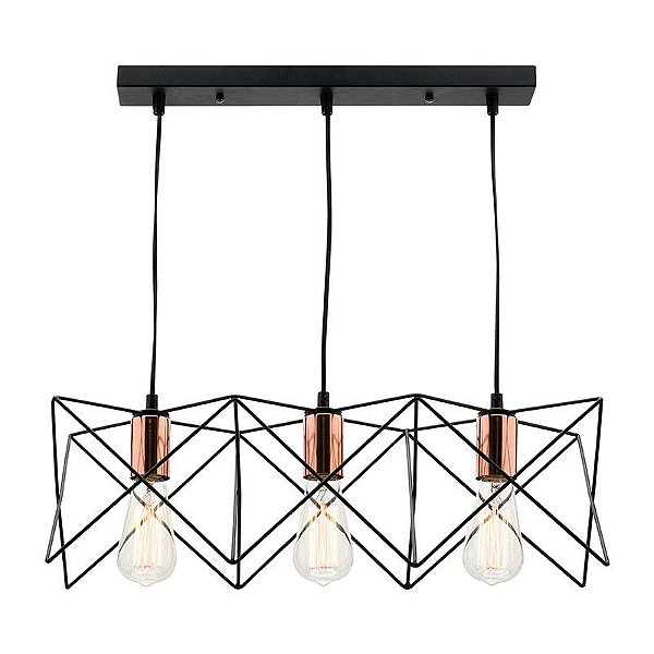 Pendente PD64 58x20cm Preto e Cobre para 3 Lampadas E27