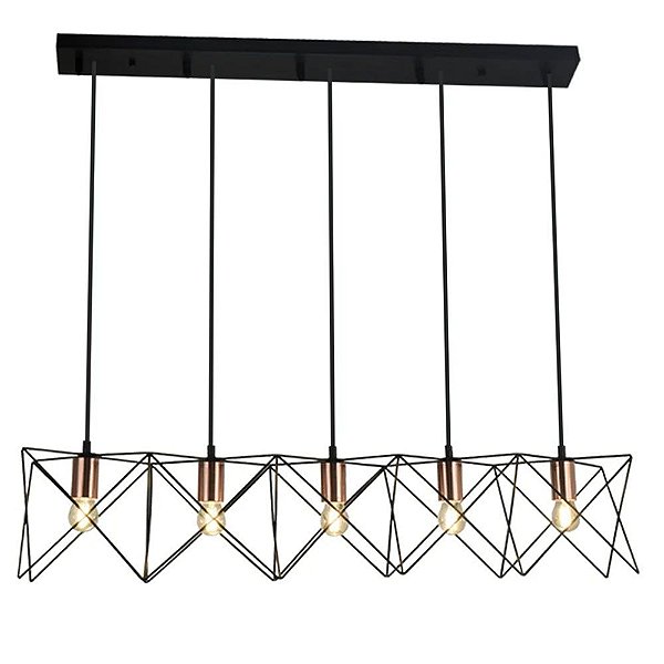 Pendente PD64 92X20cm Preto e Cobre para 5 Lampadas E27