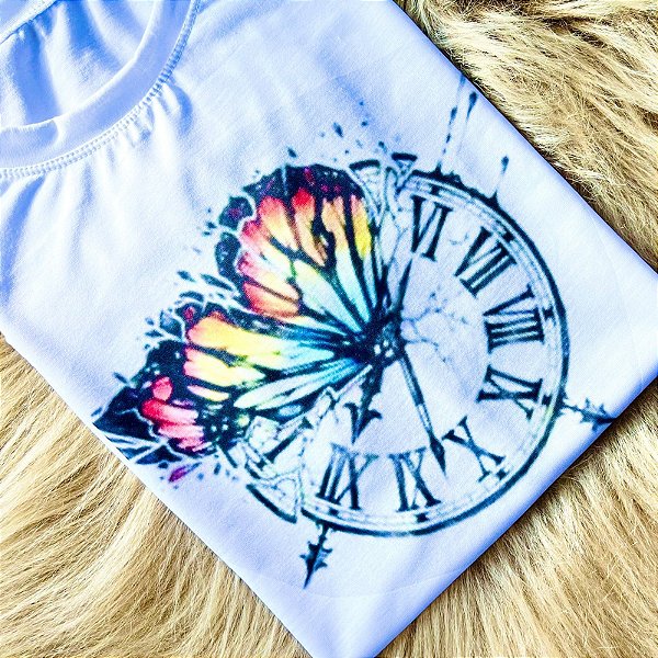 CAMISETA RELOGIO BORBOLETA - FEMININA - MATERIAL POLIESTER