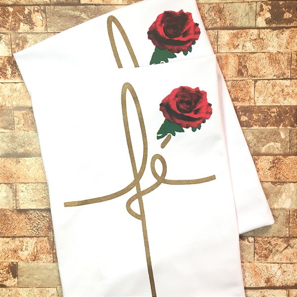CAMISETA FÉ (BRANCA) - ROSA VERMELHA - FEMININA