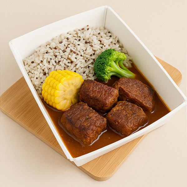 CARNE DE PANELA , ARROZ COM QUINOA, MILHO E BRÓCOLIS