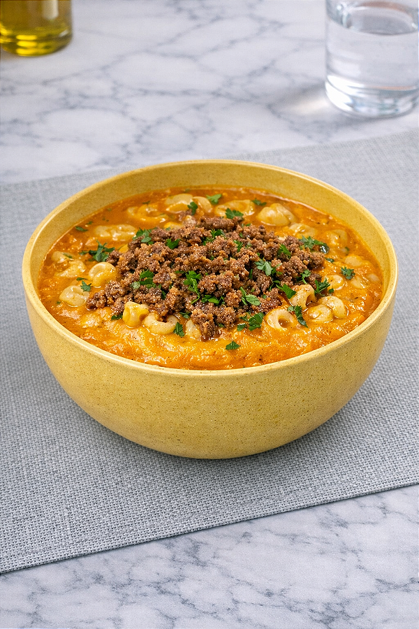 SOPA DE ABÓBORA COM PATINHO MOÍDO E MACARRÃO