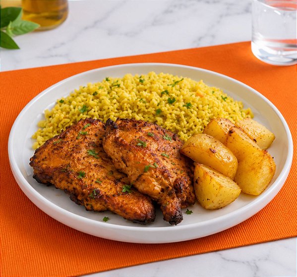 FILE DE SOBRECOXA DESOSSADA COM ARROZ DE AÇAFRÃO COM MILHO E BATATAS