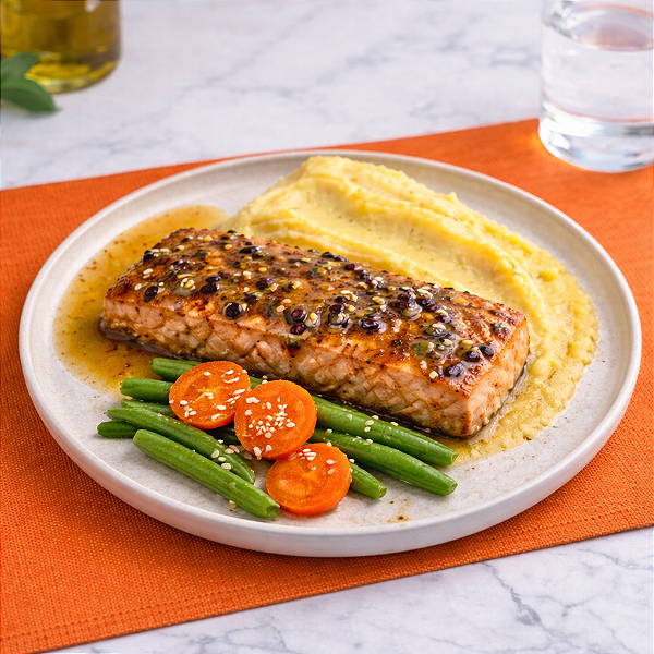 SALMÃO AO MOLHO DE MARACUJÁ COM PURÊ DE BATATA BAROA