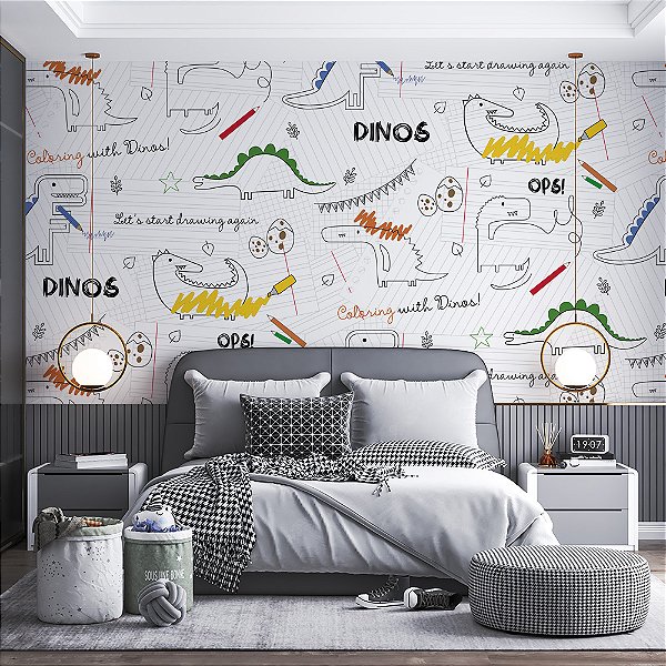Papel de Parede Infantil de Dinossauro Rabiscados