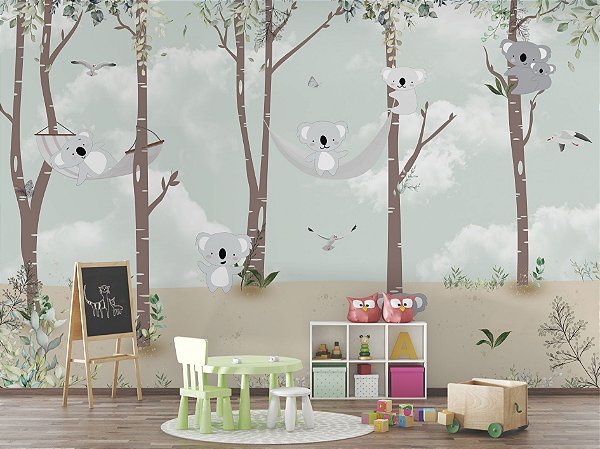 Papel de Parede Floresta infantil Coalas e Pássaros