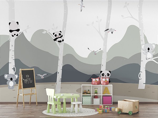 Papel de Parede Floresta  e montanhas  e pandinhas infantil cinza