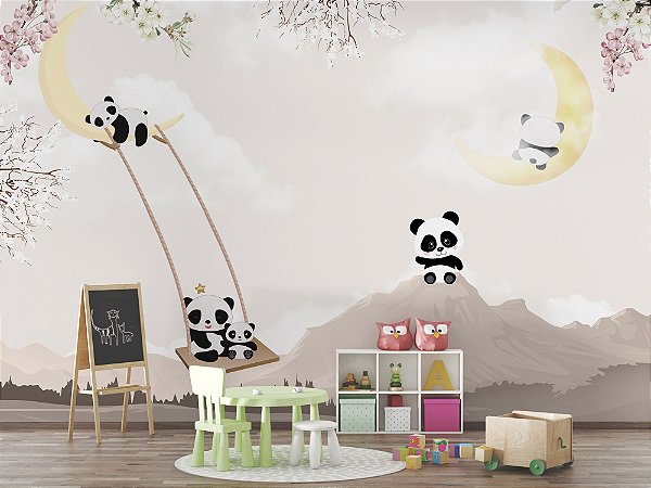 Papel de Parede Floresta  e montanhas e lua  e família panda infantil