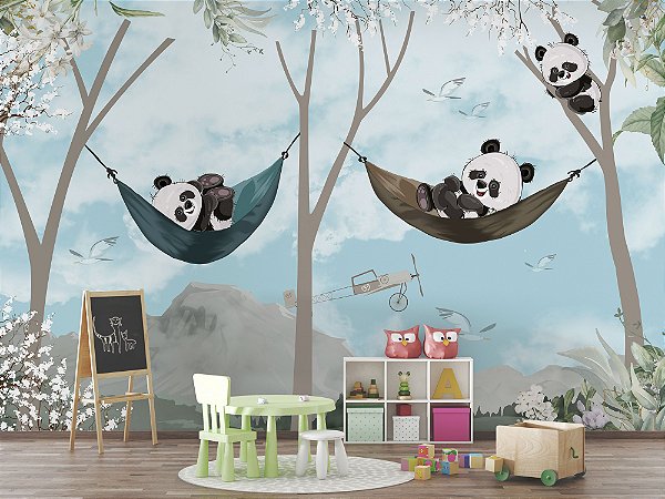 Quadro Infantil Desenho Panda Fundo Verde