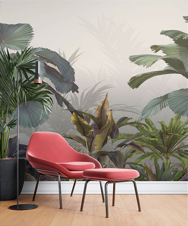 Papel de Parede Safari com Folhas Grandes e Neblina 1