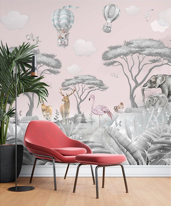 Papel de Parede Safari com Folhas Grandes e Neblina 2