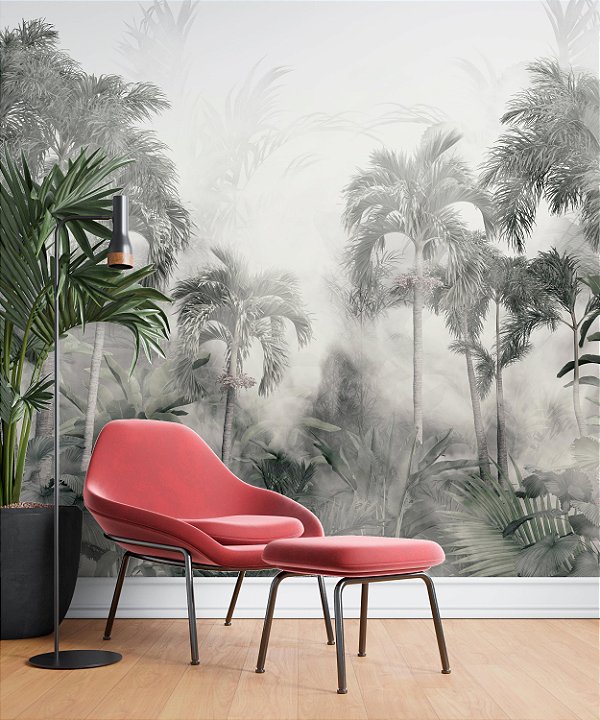 Papel de Parede Safari com Folhas Grandes e Neblina 3