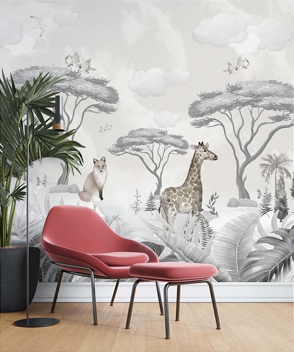 Papel de Parede Safari com Folhas Grandes e Neblina 4