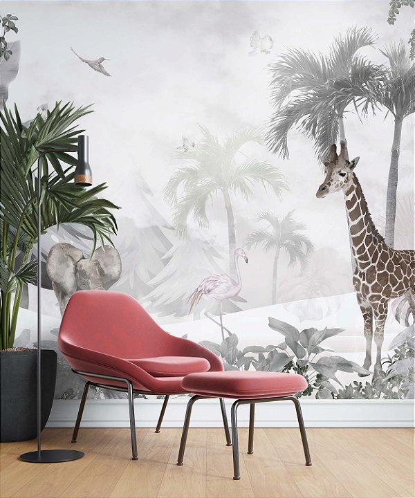 Papel de Parede Safari com Folhas Grandes e Neblina 5