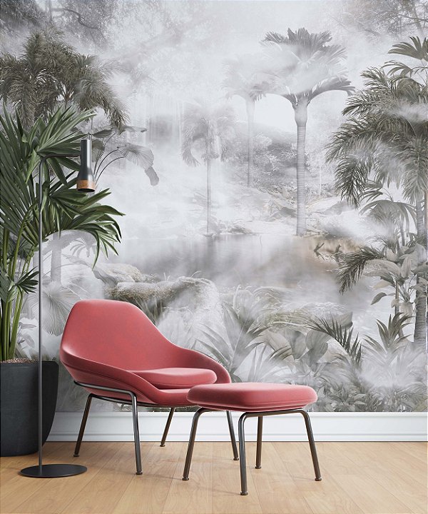 Papel de Parede Safari com Folhas Grandes e Neblina 6
