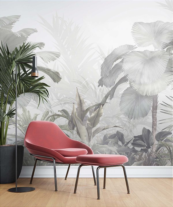 Papel de Parede Safari com Folhas Grandes e Neblina 7