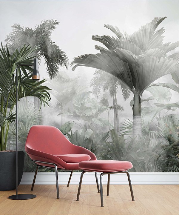 Papel de Parede Safari com Folhas Grandes e Neblina 8