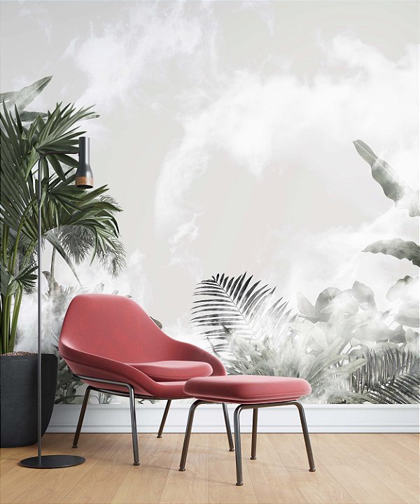 Papel de Parede Safari com Folhas Grandes e Neblina 9