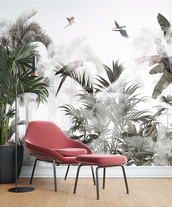 Papel de Parede Safari com Folhas Grandes e Neblina 10