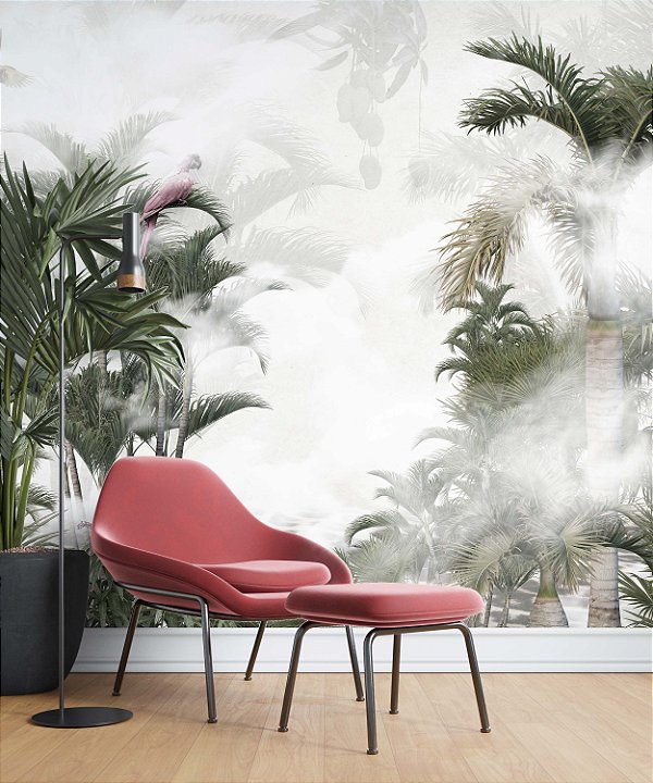 Papel de Parede Safari com Folhas Grandes e Neblina 13