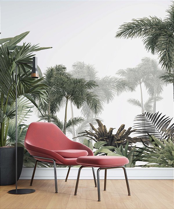 Papel de Parede Safari com Folhas Grandes e Neblina 14