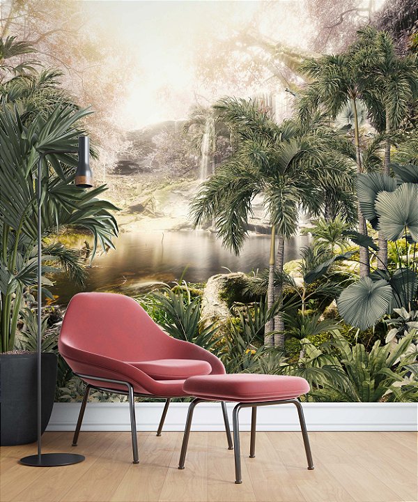 Papel de Parede Safari com Folhas Grandes e Neblina 15