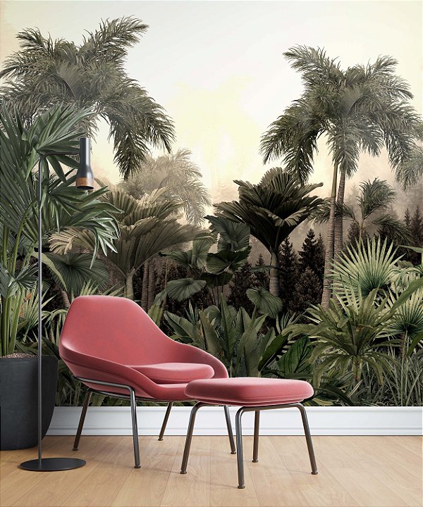 Papel de Parede Safari com Folhas Grandes e Neblina 16