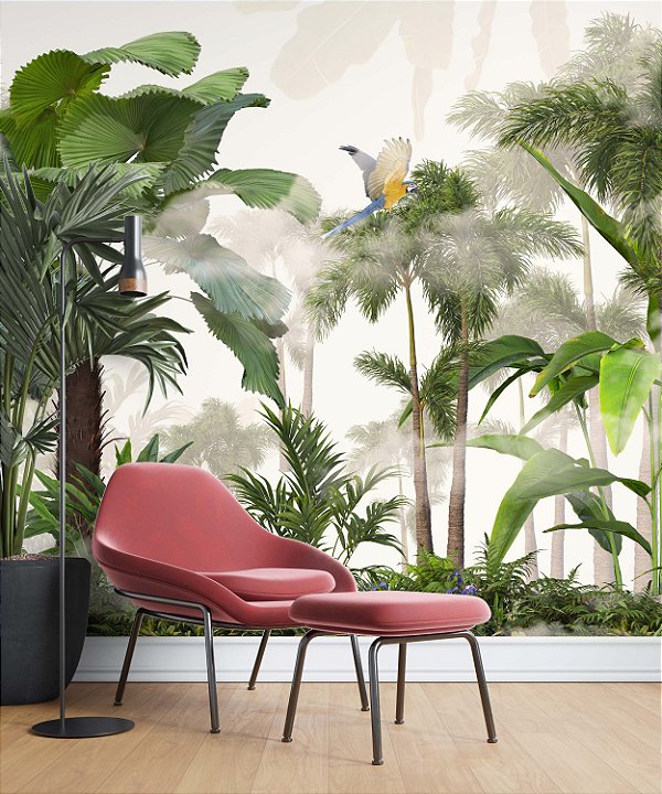 Papel de Parede Safari com Folhas Grandes e Neblina 18