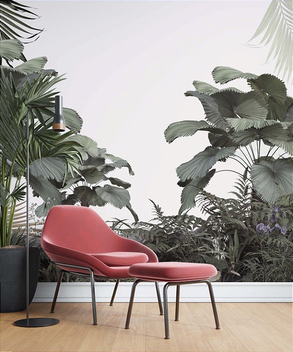 Papel de Parede Safari com Folhas Grandes e Neblina 20