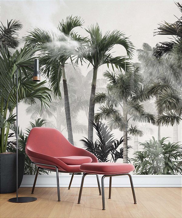 Papel de Parede Safari com Folhas Grandes e Neblina 21