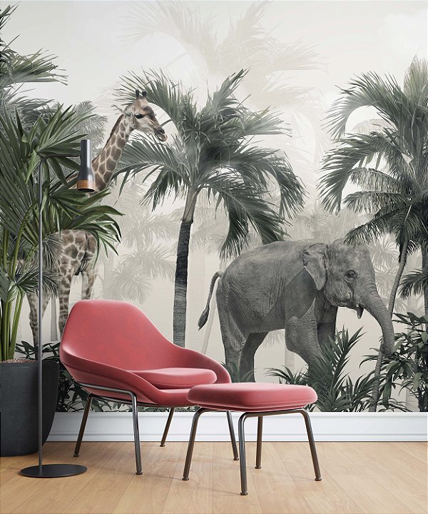 Papel de Parede Safari com Folhas Grandes e Neblina 22