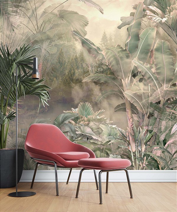Papel de Parede Safari com Folhas Grandes e Neblina 24