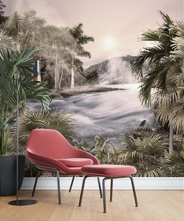 Papel de Parede Safari com Folhas Grandes e Neblina 26