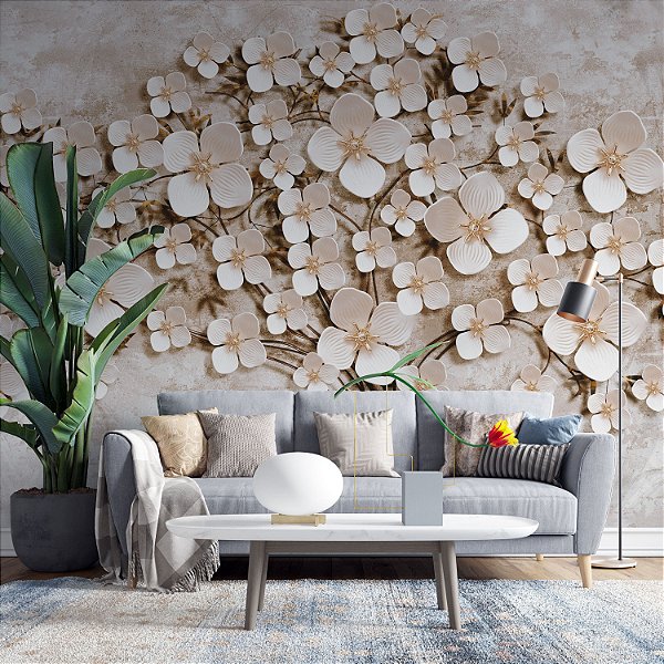 Papel de Parede Adesivo de Árvore com Flores Bege
