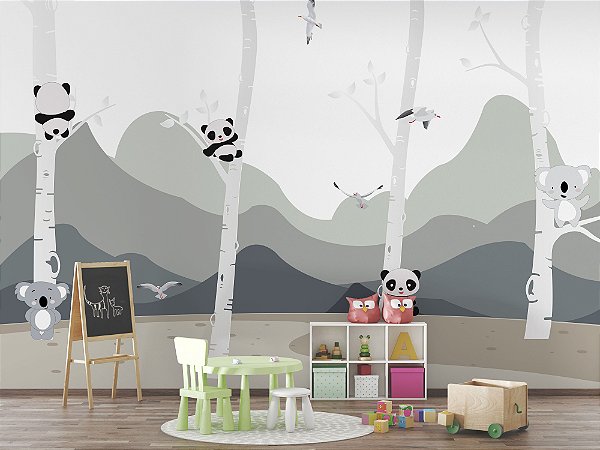 Papel de Parede Infantil de Pandas nas Montanhas