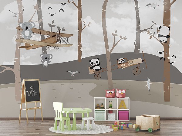 Papel de Parede Infantil de Pandas e Coala na Floresta