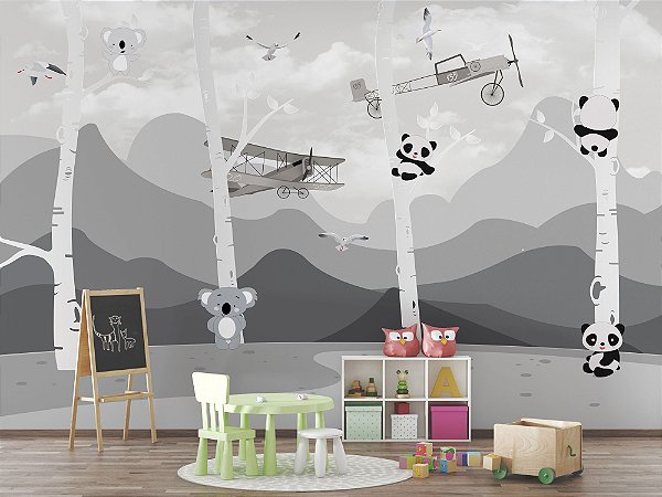 Papel de Parede Infantil de Pandas, Coalas e Aviões na Floresta