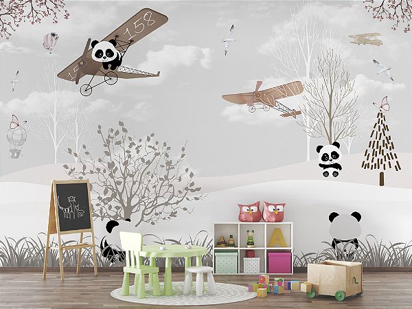 Papel de Parede Infantil de Pandas em Aviões na Floresta