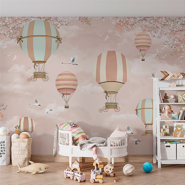 Papel de Parede Infantil de Balões em tons de Rosa Pastel