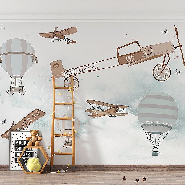 Papel de Parede Infantil de Aviões e Balões no Inverno