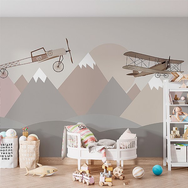 Papel de Parede Infantil de Aviões de Montanhas Coloridas
