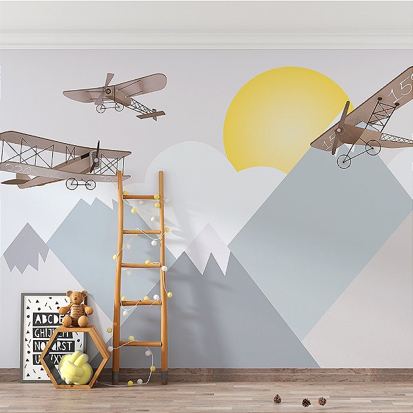 Papel de Parede Infantil de Aviões nas Montanhas no Por do Sol
