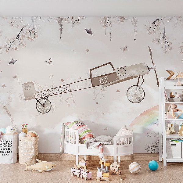 Papel de Parede Infantil de Aviões no Arco-íris