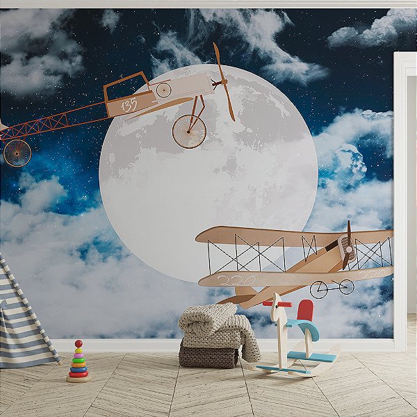 Papel de Parede Infantil de Aviões na Lua Cheia