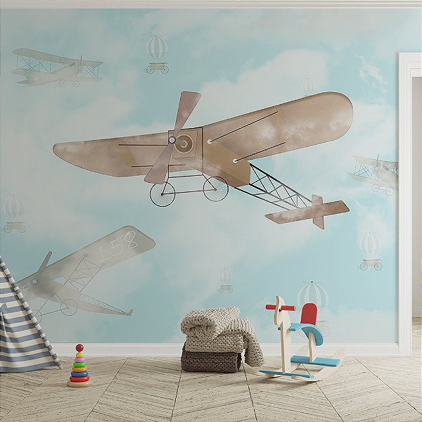 Papel de Parede Infantil de Aviões Voando Alto no Céu Azul