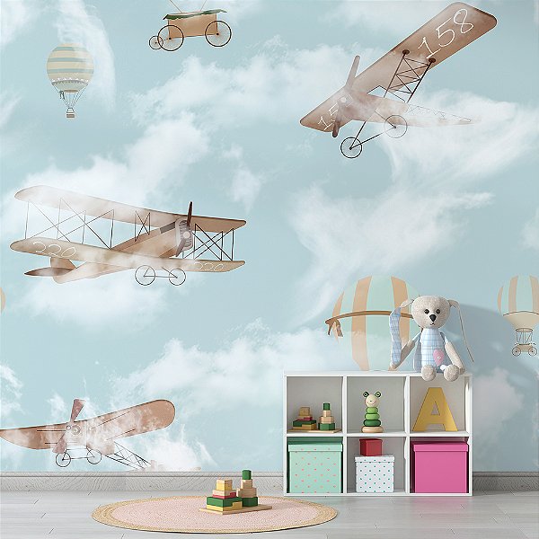 Papel de Parede Infantil de Diversos Aviões no Céu Azul