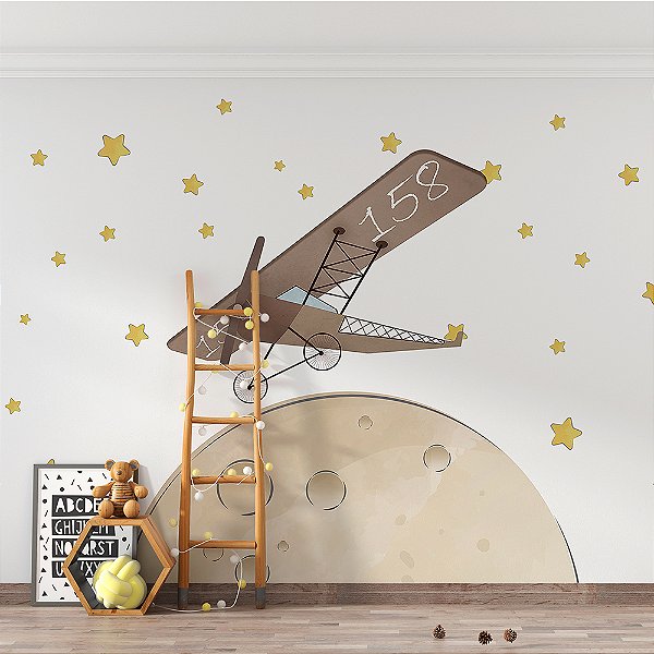 Papel de Parede Infantil de Aviões na Lua Brilhante