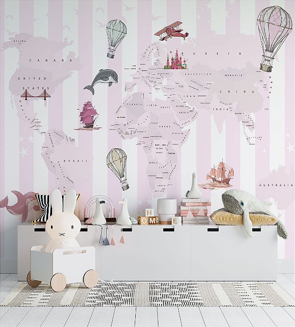 Papel de Parede Infantil de Mapa Mundi Rosa com Faixas