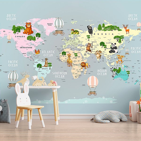 Papel de Parede Infantil de Mapa Mundi com Carruagens em Balões